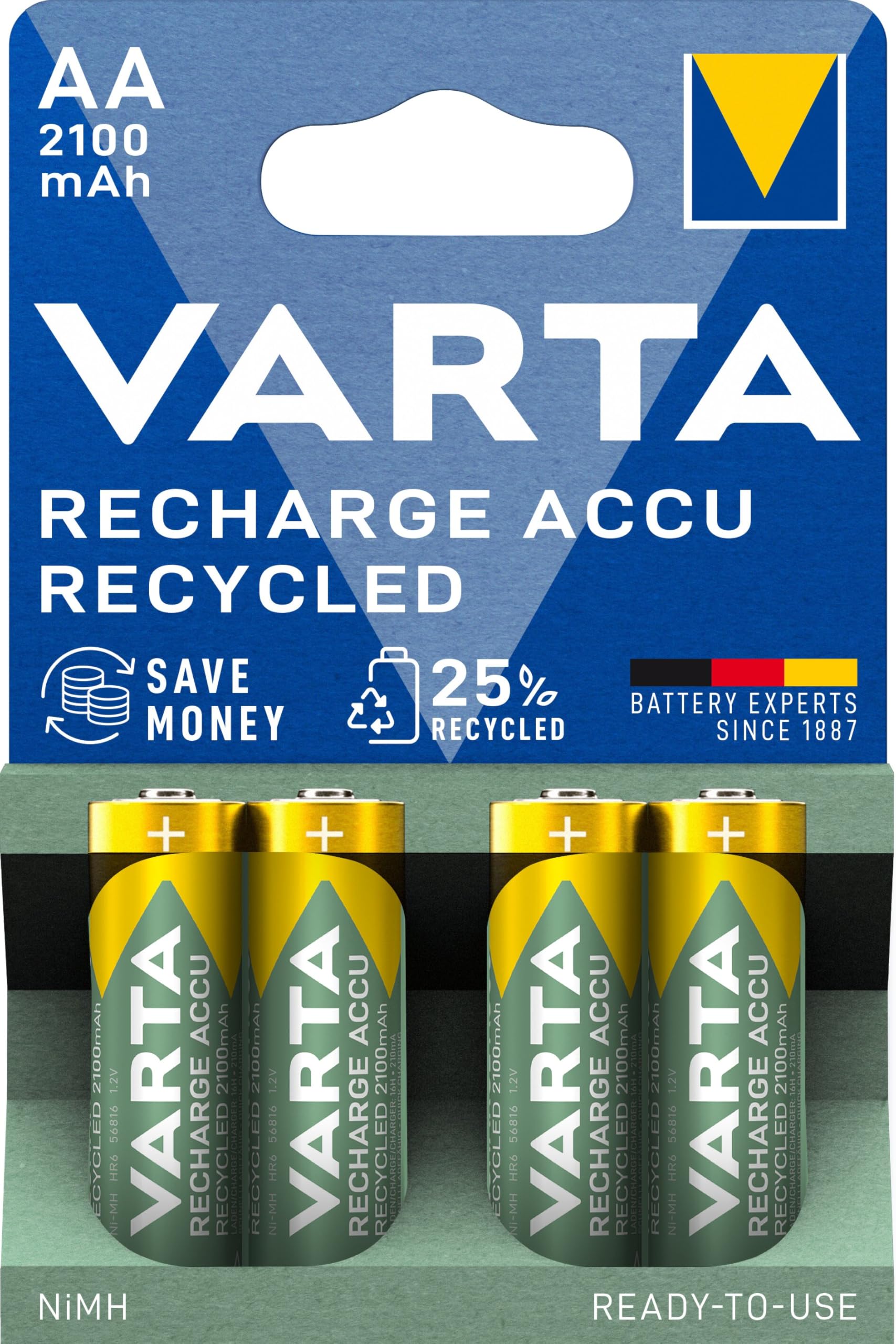 VARTA Batteries AA, rechargeable, pack of 4, Recharge Accu Recycled, Akku, 2100 mAh Ni-MH, made from 21% recycled materials, precharged, ready to use