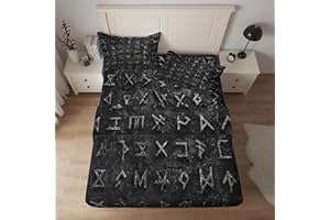 Viking King Size Bed Sheets 4 Piece, Norse Runes Pattern Sheet Set with 12 Inch Deep Pocket, Retro Symbol Bedroom Decor Beddi