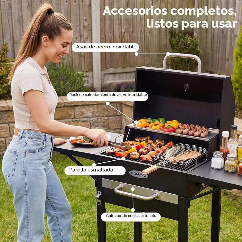 Barbacoa carbón con tapa y funda protectora, Parrilla 2 en 1 compacta para balcón, Termómetro integrado, Mantener caliente, Lista para uso exterior y almacenamiento
