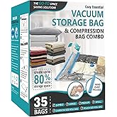 Cozy Essential 35 Pack Vacuum Storage Bags, Space Saver Bags (5 Jumbo/6 Large/6 Medium/6 Small/6 Roll-M/6 Roll-S) Compression for Comforters and Blankets, Pillow, Bedding, Sealer Clothes Storage