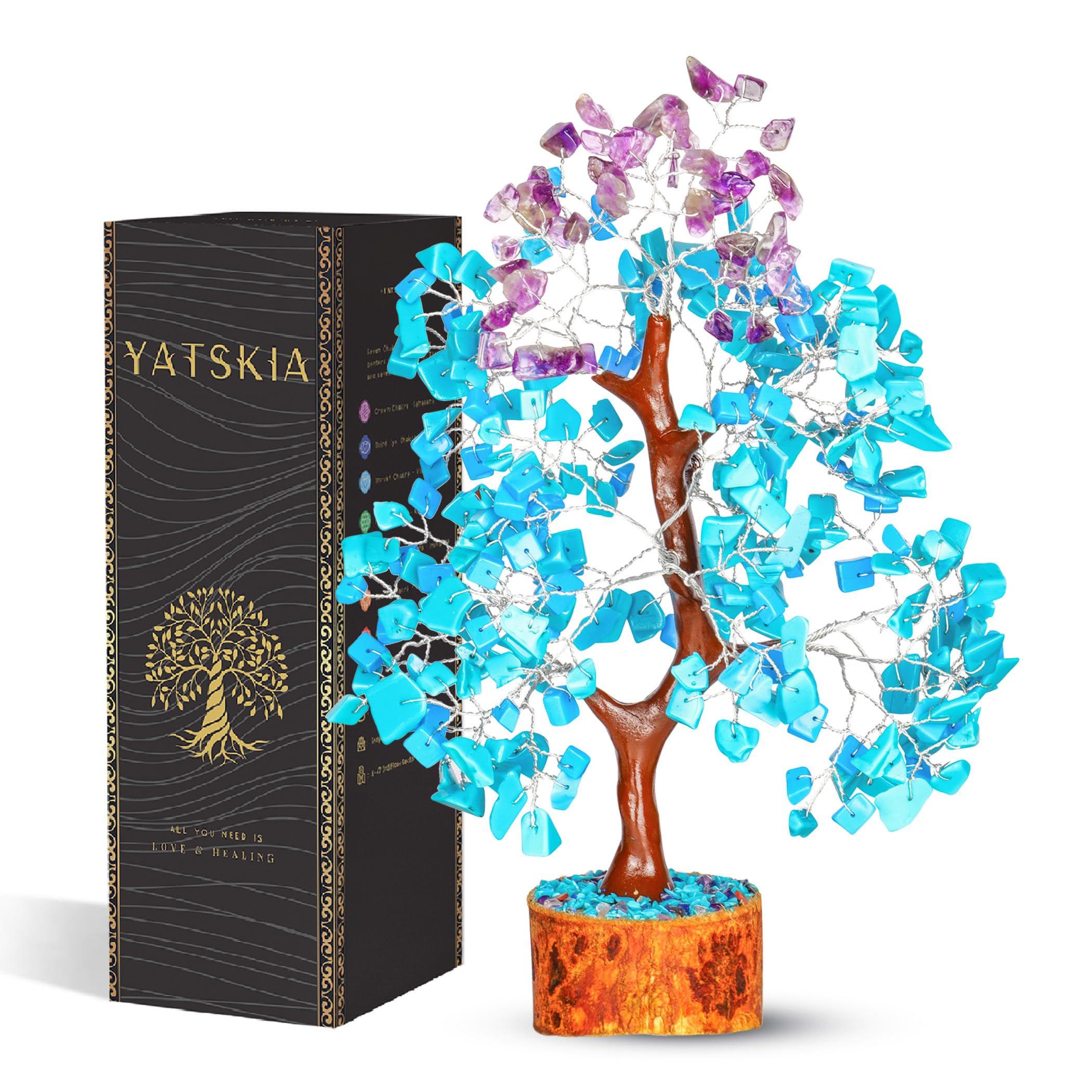 Yatskia Crystal Tree of Life - Turquoise and Amethyst Gemstones - Spiritual Decor for Home Office - Good Luck Charm