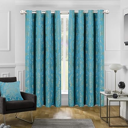 Ir Luxury Jacquard Curtains Pair Fully Lined Ring Top With Free