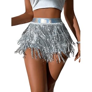 OYOANGLE Women's Sequin Sparkly Fringe Shorts Elastic Waist Shiny Club Party Festival Rave Skorts