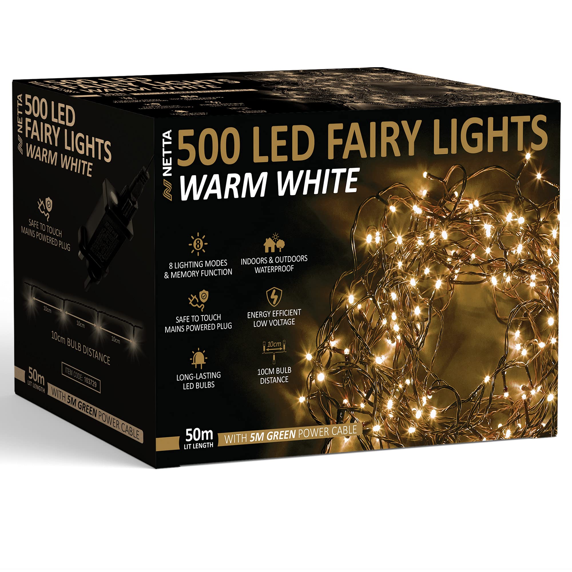 NETTA Christmas Tree Fairy Lights - 50M 500 LED Mains Powered, Waterproof Outdoor String Light, 8 Modes Plug in Lighting Outside Indoor & Outdoor Garden Xmas Decorations - Warm White