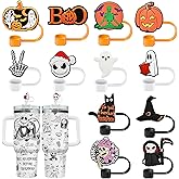 12PCS Halloween Straw Toppers for Stanley Cup, Cute Silicone Skull Ghost Straw Covers Cap Compatible with 30&40oz Tumbler with Handle,10mm 0.4in Dust-Proof Reusable Tips Lids for Halloween Gifts