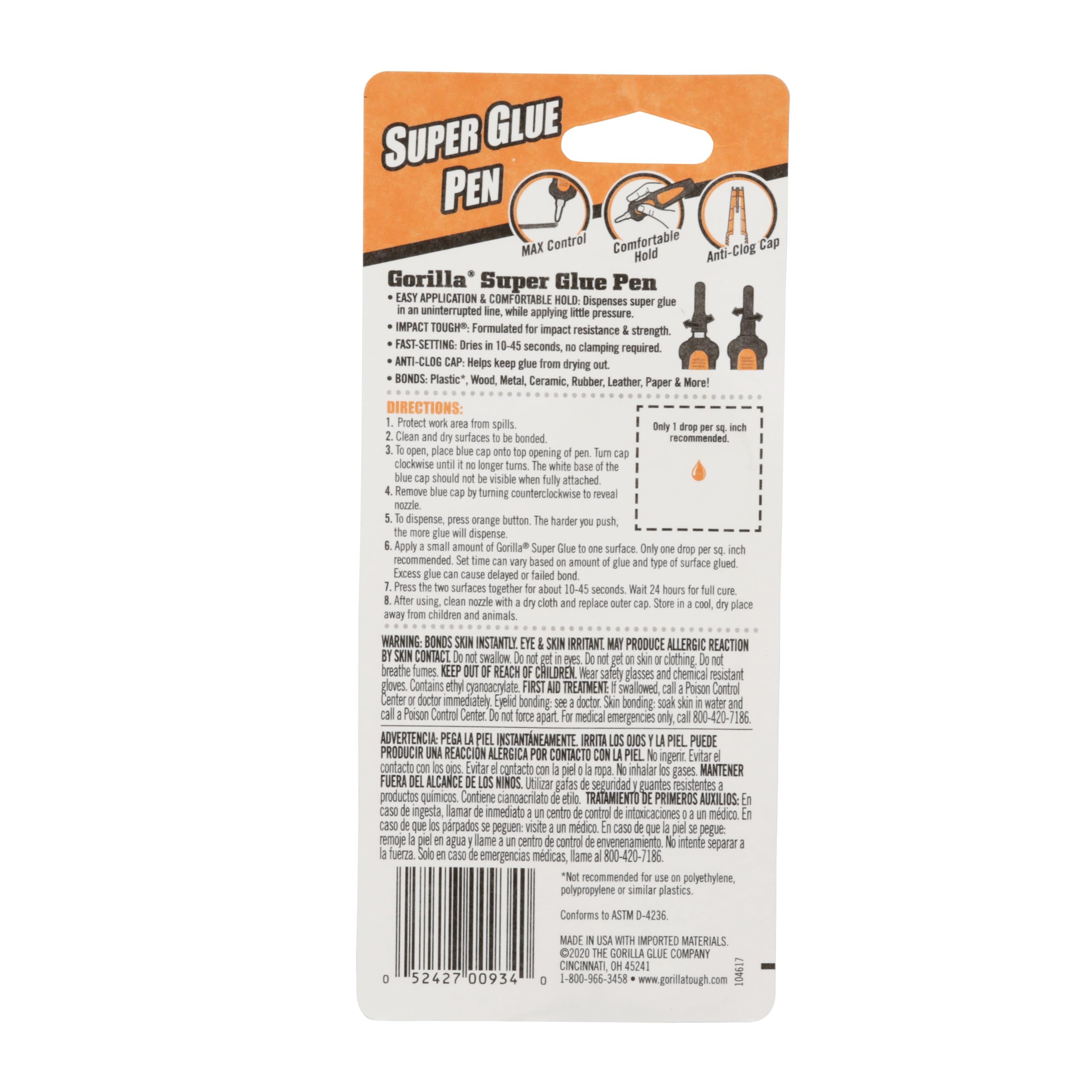 Gorilla Super Glue Pen, Cyanoacrylate Glue, Fast Setting, Precise Dispensing Pen Shaped Applicator, Clear, 5.5g (Pack of 2)