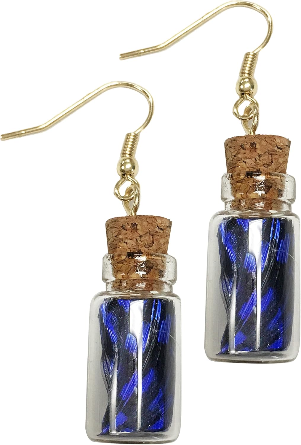 Dainty glass jar cork earring with polka dot feather (BLUE