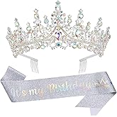 VELSCRUN AB Silver Crystal Birthday Tiara Crowns for Women Girls It's My Birthday Sash Queen Girls Princess Crown with Combs Happy Birth Party Decorations Mom Sisters Birth Gift Hair Accessories