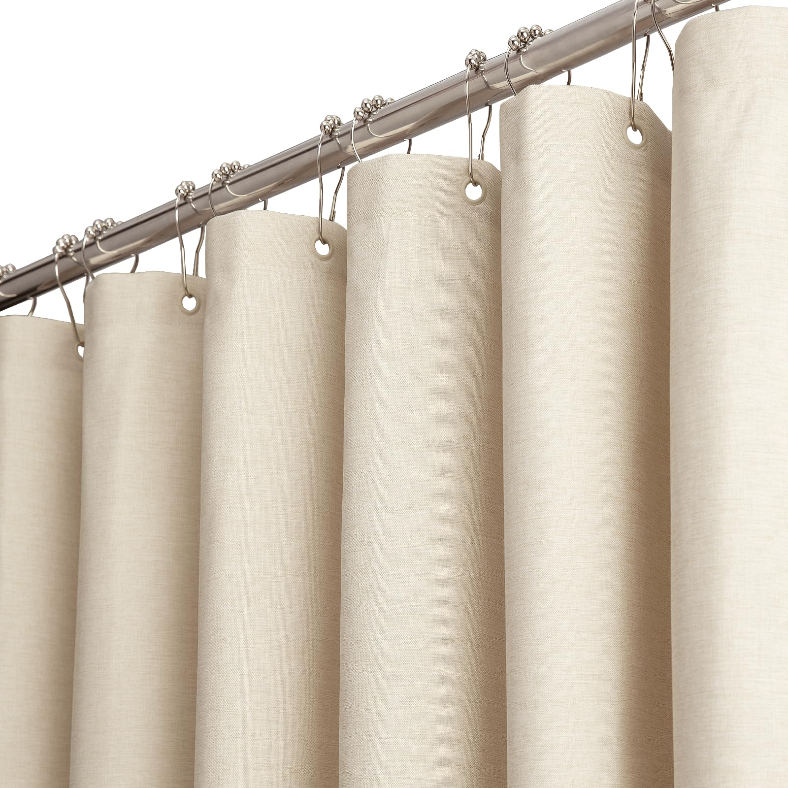 BTTN 182 x 214cm Extra Long Linen Look Shower Curtain, Weighted Hem, Mould Resistant & Waterproof Polyester Large Fabric Shower Curtains, Durable and Washable, with 12 Plastic Hooks, Cream/Beige