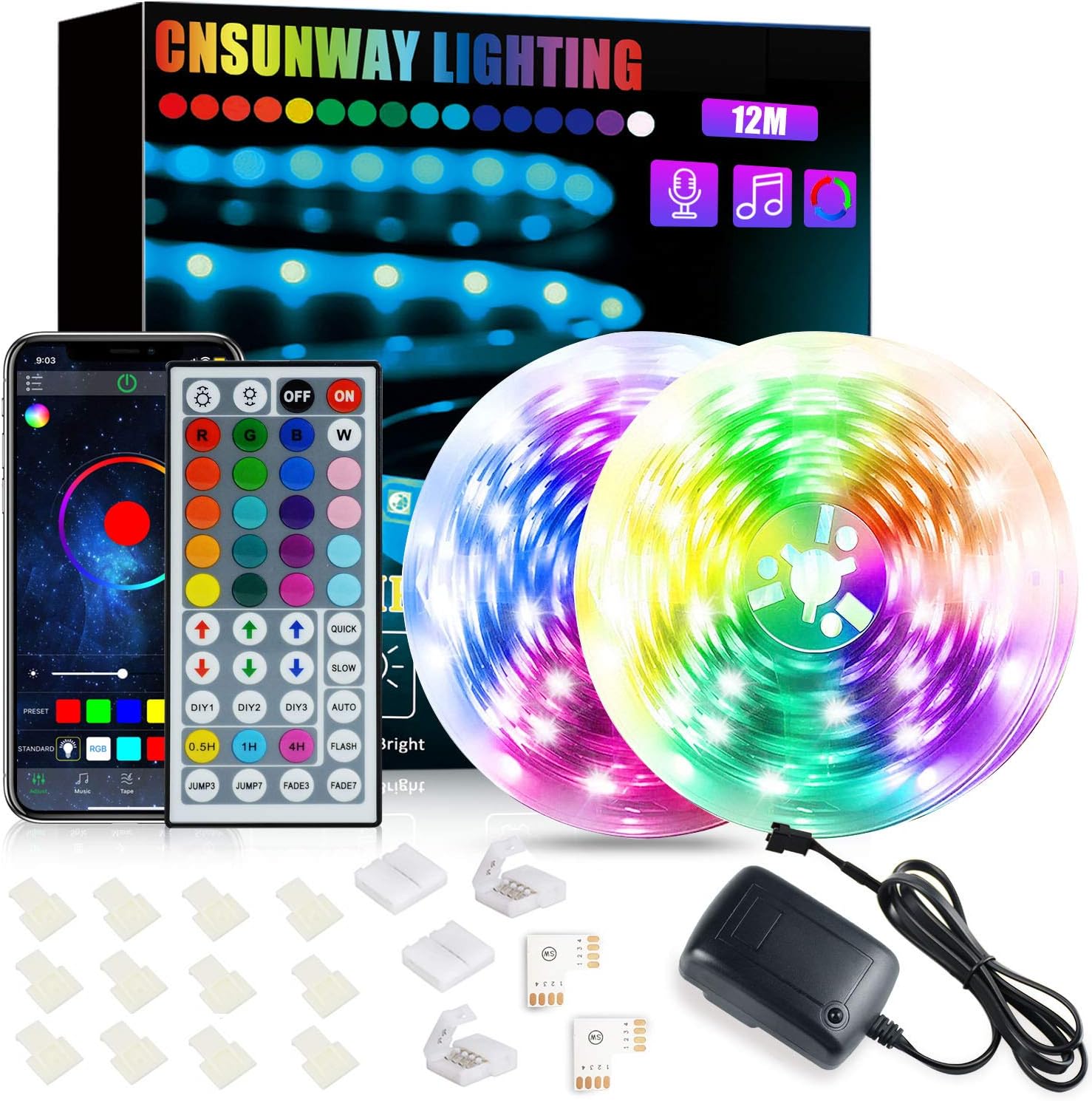 CNSUNWAY LIGHTING LED Strip Light, 12m Led RGB Light Bluetooth APP Control, IR Remote Control, with Music Sync, SMD5050 RGB Color Changing Light Strips Kit for Bedroom, Kitchen, Ceiling, Bar, Party