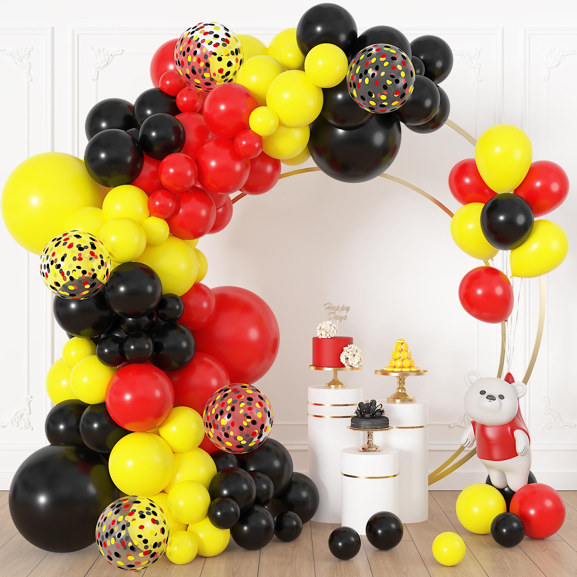 Ouddy Life 164Pcs Red Black Yellow Balloons Different Sizes 18" 12" 10" 5" Latex Balloon Garland Arch Kit for Boy Girl Birthday Baby Shower Wedding Anniversary Graduation Mouse Theme Party Decorations