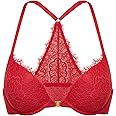 DOBREVA Women's Push Up Racerback Bra Front Closure Lace Halter Plunge Bras Padded Full Coverage Underwire