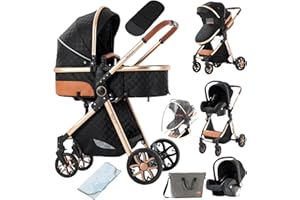 SUTTONBEBE 3 in 1 Baby Travel System Reversible Baby Stroller Pushchair Portable Baby Standard Pram Buggy Baby Carriage Foldable Luxury Baby High Landscape Pram for Toddler Newborn (MGV9-BLACKGOLD Without Base)