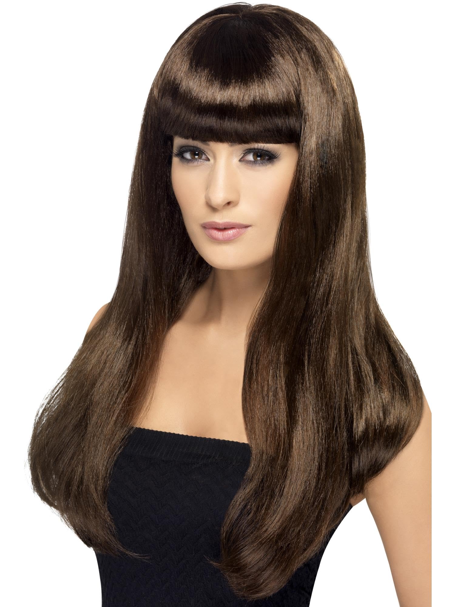 Smiffys Babelicious Wig, Brown Long, Straight with Fringe, Ladies Glamour Wigs Fancy Dress, Adult Dress Up Wigs