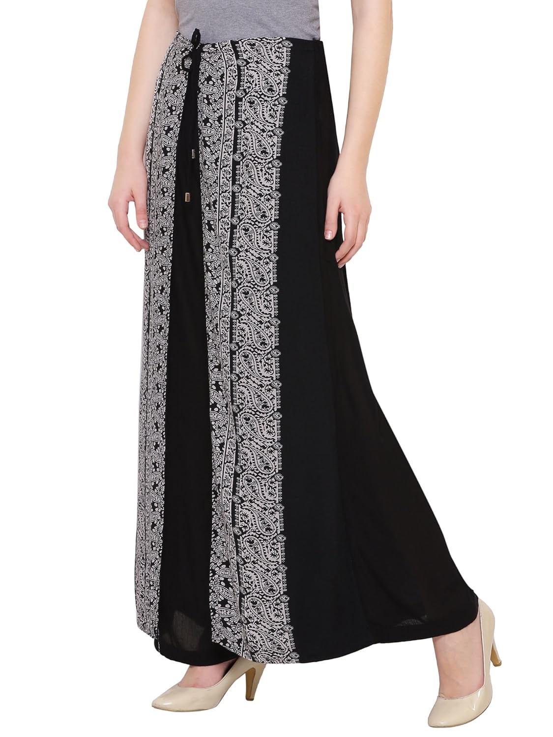 damen mode women black rayon crepe layered wrap on printed palazzo pants