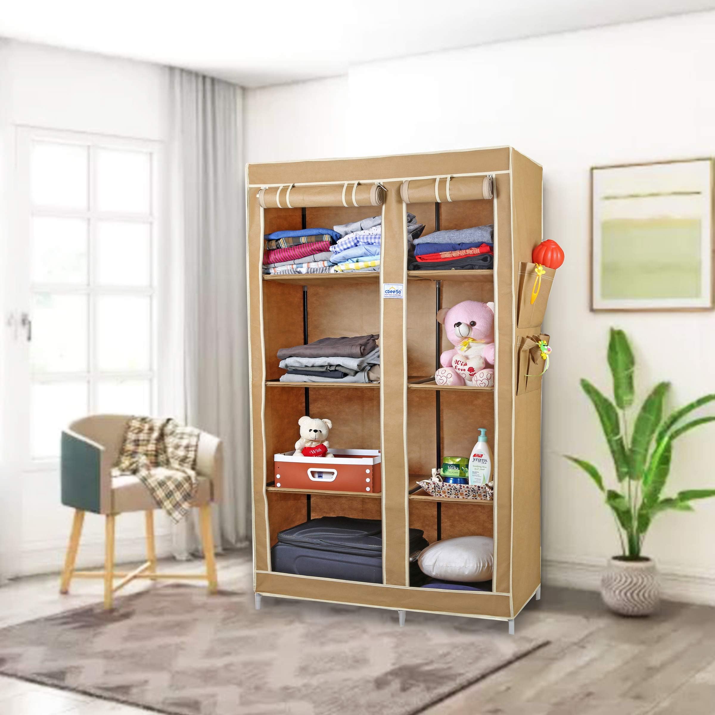 CbeeSo 2-Door Foldable Wardrobe with 8 Racks โ Space-Saving Beige Closet Organizer for Clothes & Accessories