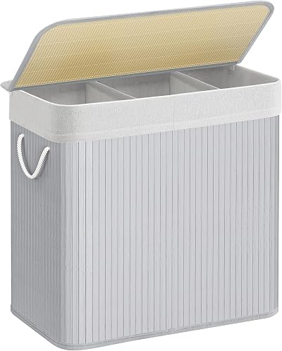 SONGMICS 150L Laundry Hamper Basket 3 Sections Clip-on Lid Grey LCB091G01