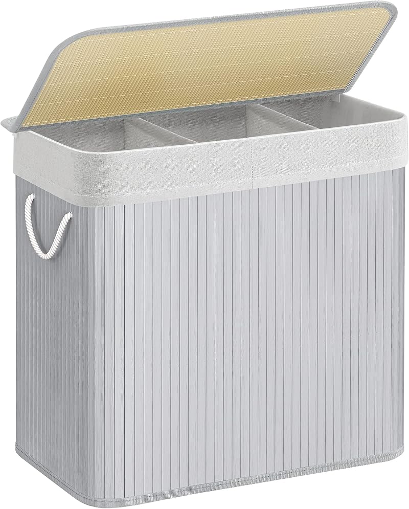 SONGMICS 150L Laundry Hamper Basket 3 Sections Clip-on Lid Grey LCB091G01
