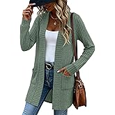Velvelhall Women's Long Cardigan Sweater with Patch Pockets, Open Front Long Sleeve Lightweight Loose Ribbed Knit Coatigan