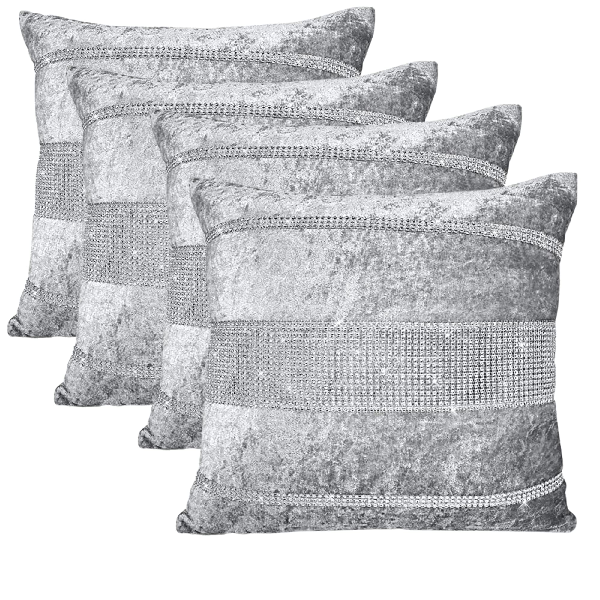 RKAAS HOME Super Soft Decorative Luxurious Diamante Sparkle/Bling Crushed Ice Velvet Square Cushion Cover for Living Room Sofa Couch Bed 45cm x 45cm 18x18 Inches (Pack of 4 - Design 3 Silver Grey)