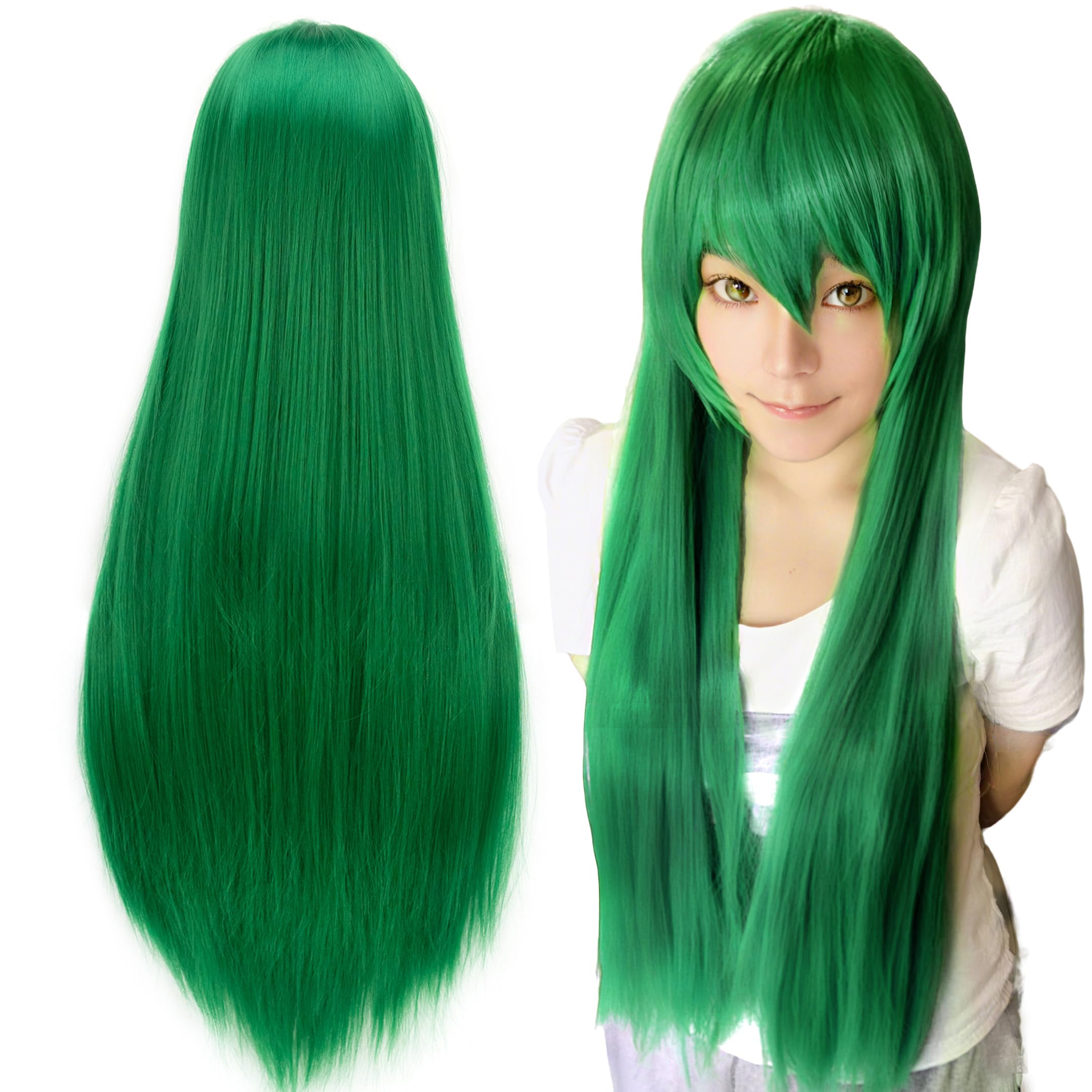 IMISSU 80cm Long Straight Natural Hair Cosplay Wigs with Bangs Colorful Halloween Costume Party Wig for Girl (Bright Green)