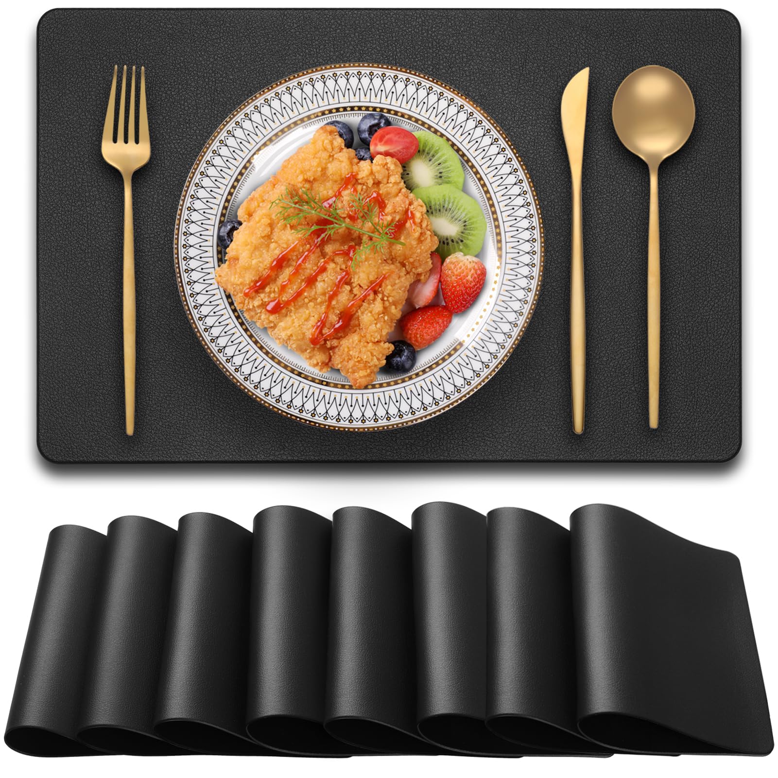 Blibalaskr PVC Heat Resistant Placemats Set of 8,Waterproof Wipeable Floor Place Mats,Non-Slip Easy Clean Table Mats for Kitchen Table Decor,12×18 Inch (Black)