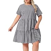 Agnes Orinda Plus Size Gingham Dresses 1950s Vintage Plaid Round Neck Short Sleeve Tiered Midi Summer Dress