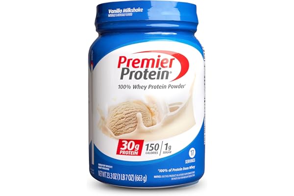 Premier Protein Powder, Vanilla Milkshake, 30g Protein, 1g Sugar, 100% Whey Protein, Keto Friendly, No Soy Ingredients, Gluten Free, 17 Servings, 23.3 Ounces