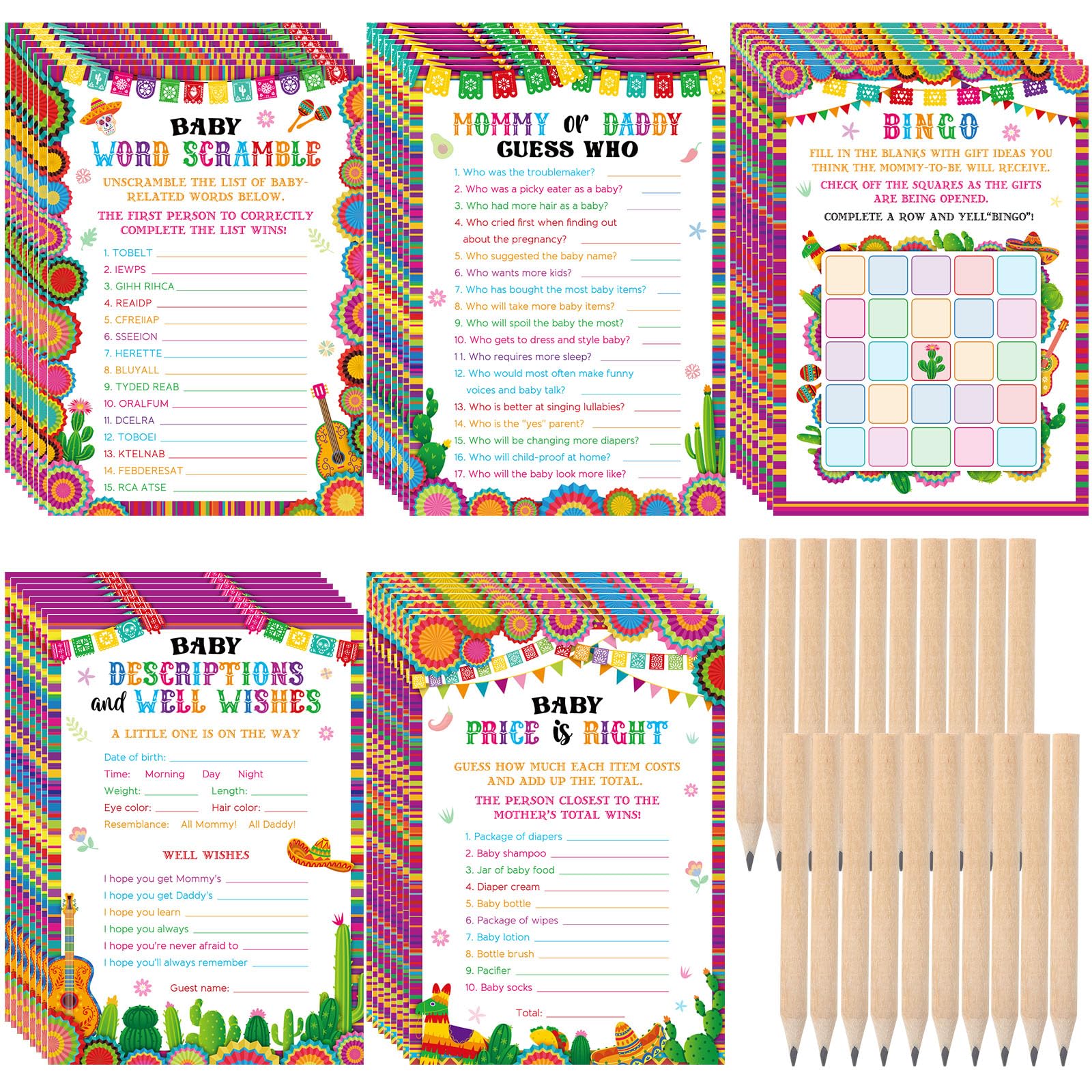 Photo 1 of Zhanmai 145 Pcs Mexican Baby Shower Games 5 Set Game Activity Cards Fiesta Bingo, Description and Wishes, Guess Who, Baby Price, Word Scramble with 20 Pencils for Hispanic Heritage Month Activities