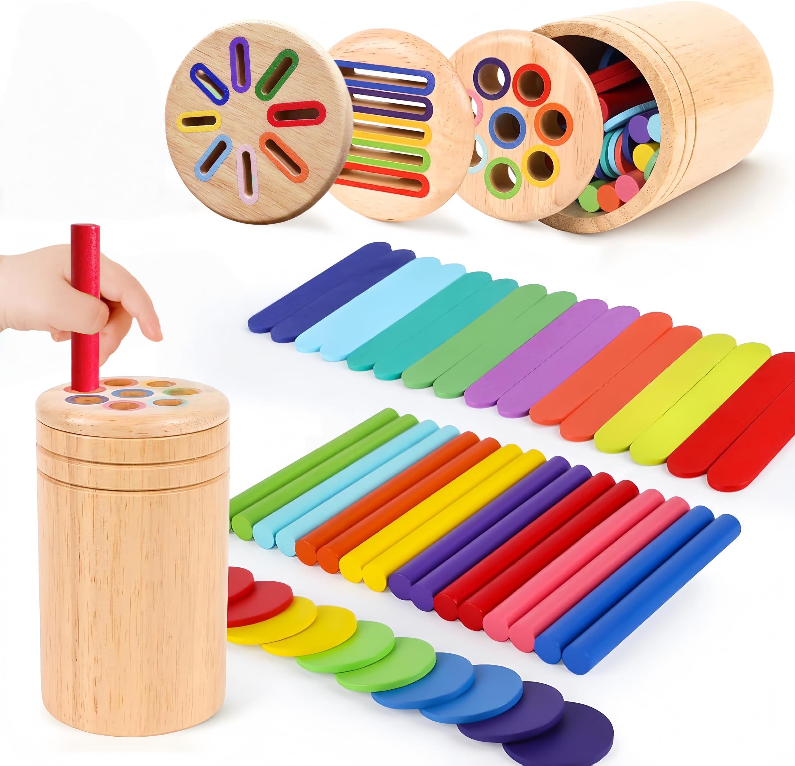 Sudadera Montessori Toys for 1 2 3 Year Olds, 5-in-1 Wooden Color Sorting & Stacking Toy, Toddler Travel Sensory Toy with Bag, Fine Motor Skills Learning Gift for 1 2 3 Year Old Boys Girls