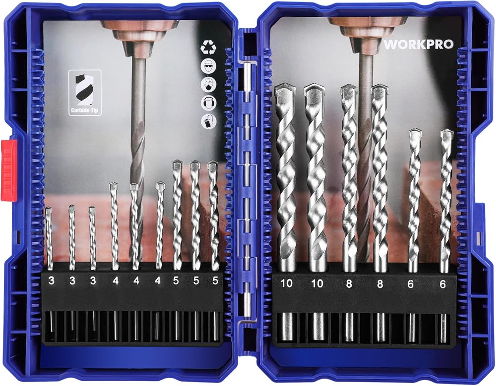WORKPRO 15 Pieces Hammer Drill Bit Set Masonry Carbide Tip Concrete Brick Tile