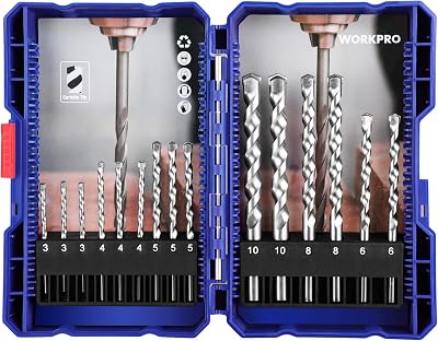 WORKPRO 15 Pieces Hammer Drill Bit Set Masonry Carbide Tip Concrete Brick Tile