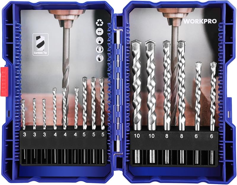 WORKPRO 15 Pieces Hammer Drill Bit Set Masonry Carbide Tip Concrete Brick Tile