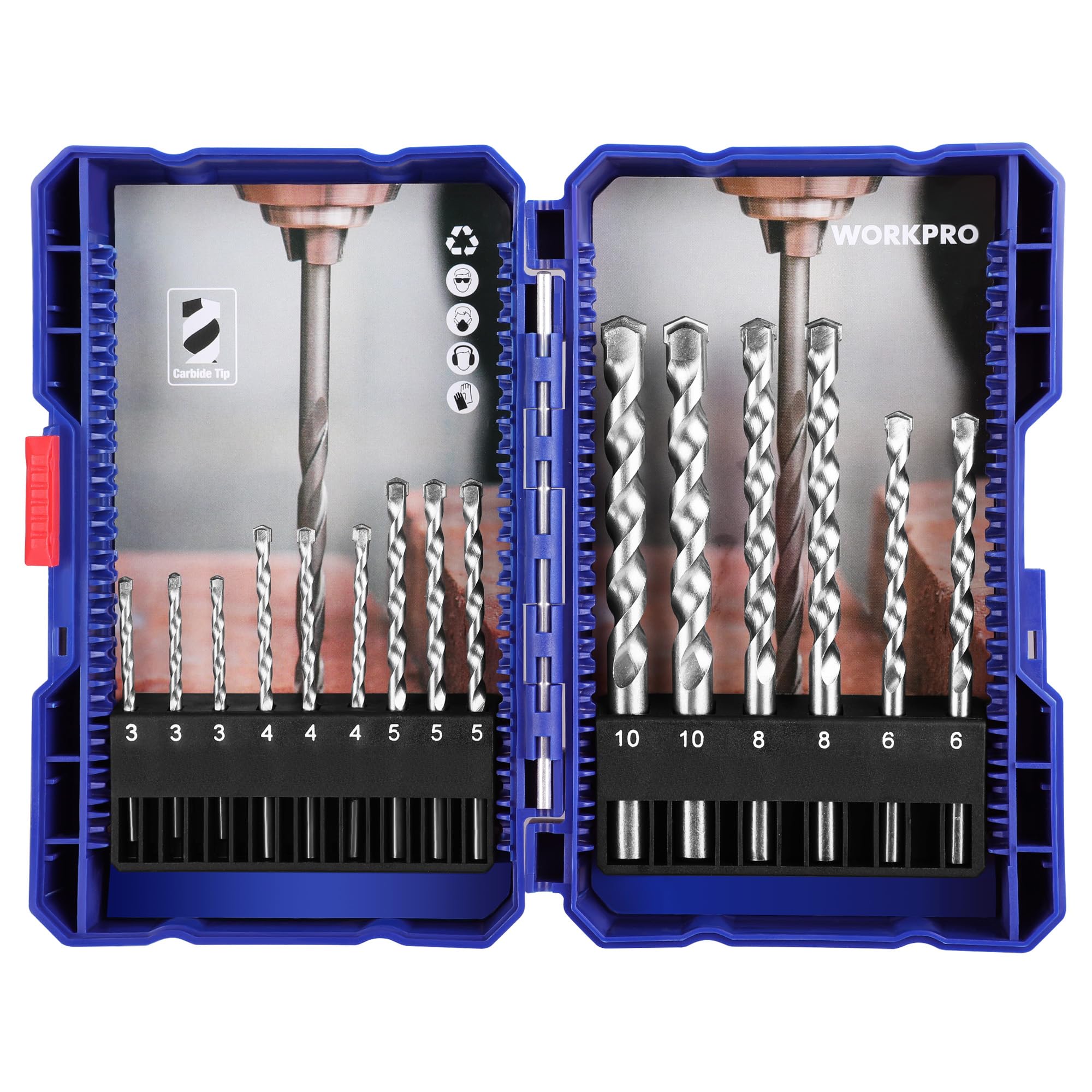 WORKPRO 15 Pieces Masonry Drill Bit Set with Case, Hammer Drill Bit Set, Carbide Tip Drill Bits for Concrete/Brick/Plastic/Cement/Tile