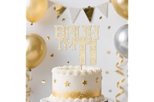 SACGUGUBER Champagne Gold Glitter Bruh I'm 11 Birthday Cake Topper, Funny Happy Birthday Decorations for Boys Girls 11th Birthday Party Cake Decorations Supplies