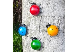 MACLARONX Metal Ladybugs Outdoor Yard Art Garden Fence Decor Set of 4 Cute Lady-Bugs Wall Sculptures Colorful 3D Ornaments for Backyard Balcony