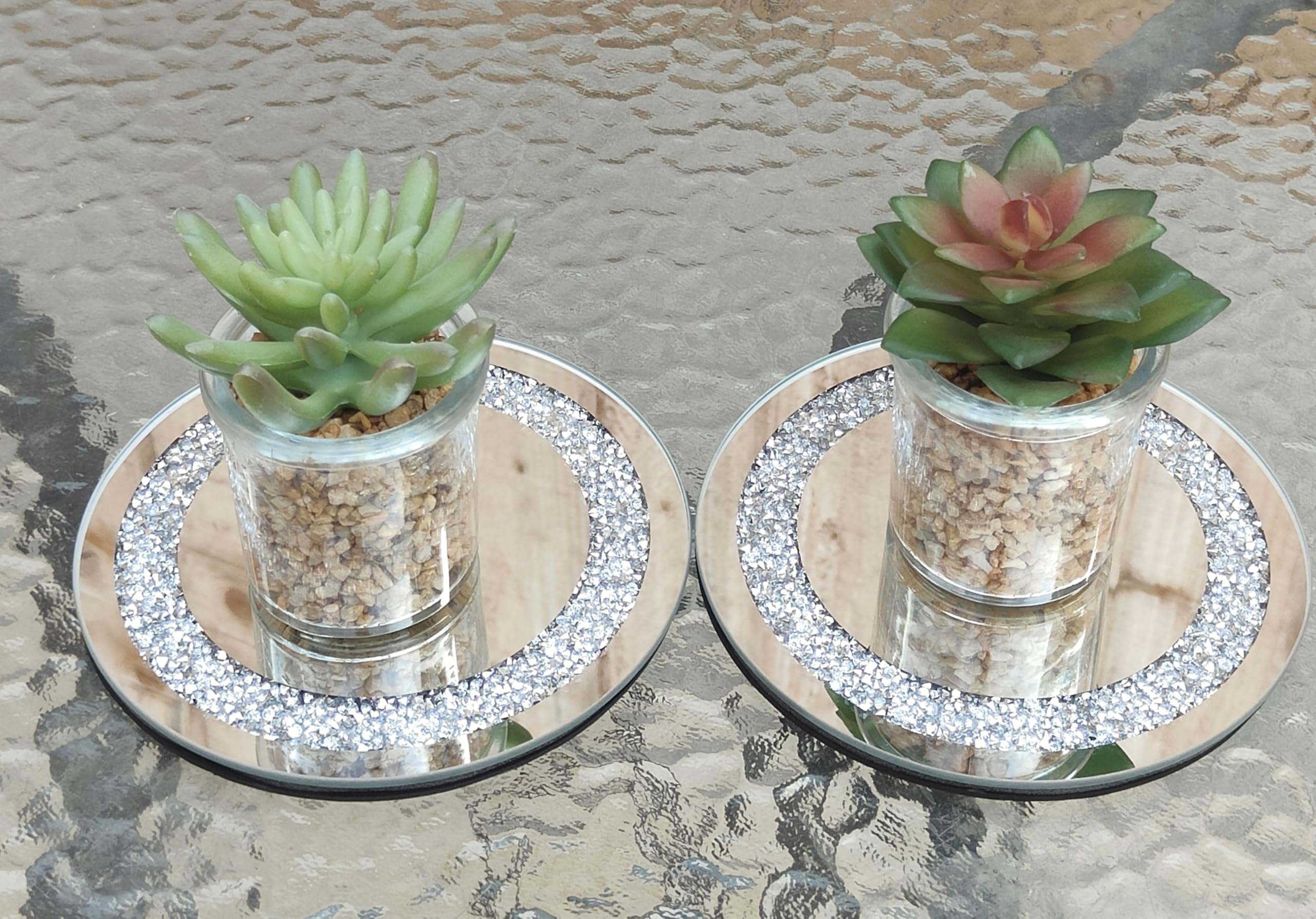 L A EagleWiz Set of 2 CRUSHED JEWELS DIAMANTE MIRRORED CANDLE PLATE CENTREPIECE 15cm