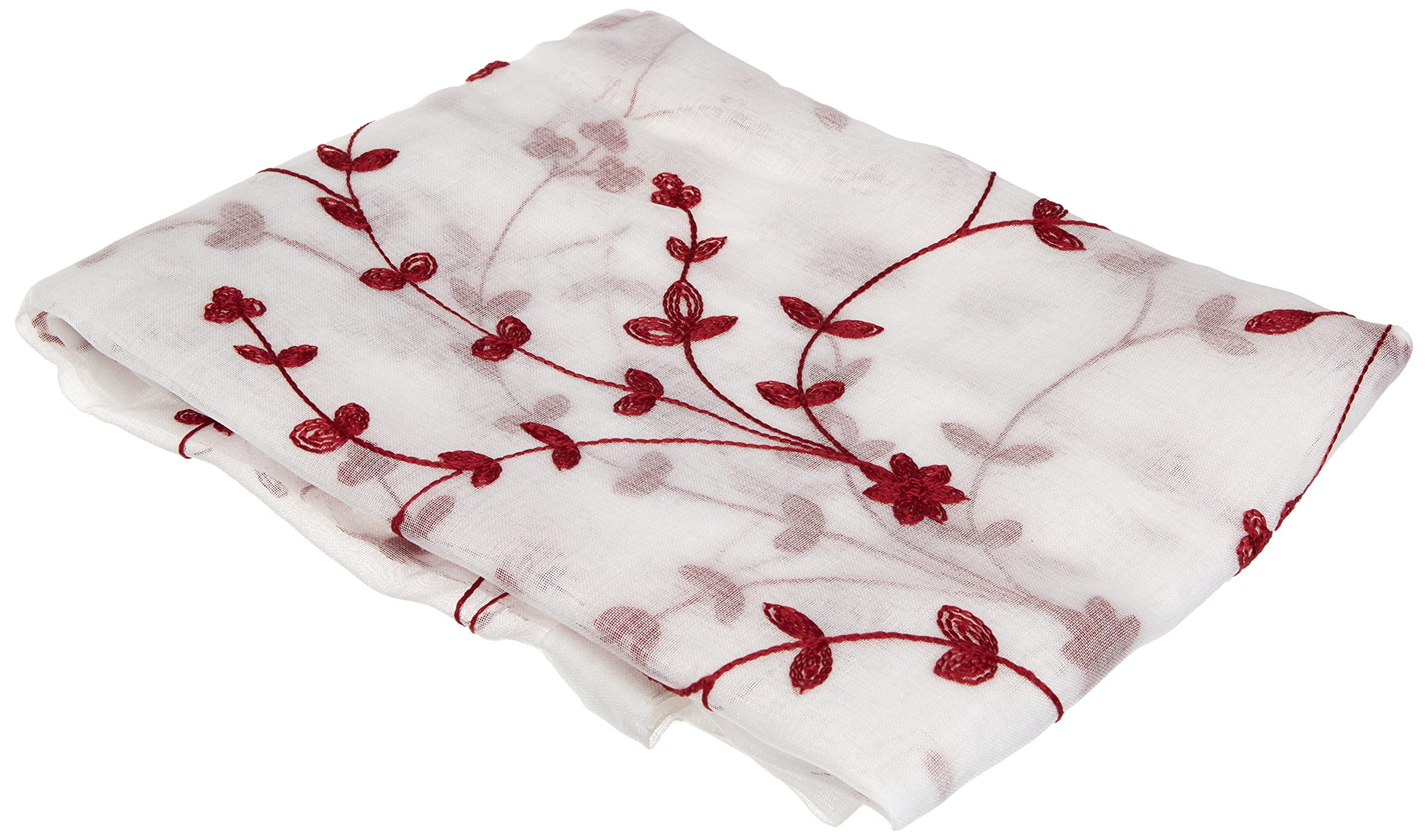 douceur d'intérieur, Pair of Net Curtains with Loops (2 x 60 x 120 cm) Small Flower White/Red Embroidered Sanded Voile