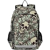 Backpack for Boys Girls, Vintage Money Skull Skeleton Backpack Students Bookbag Daypack for School Primary Teens