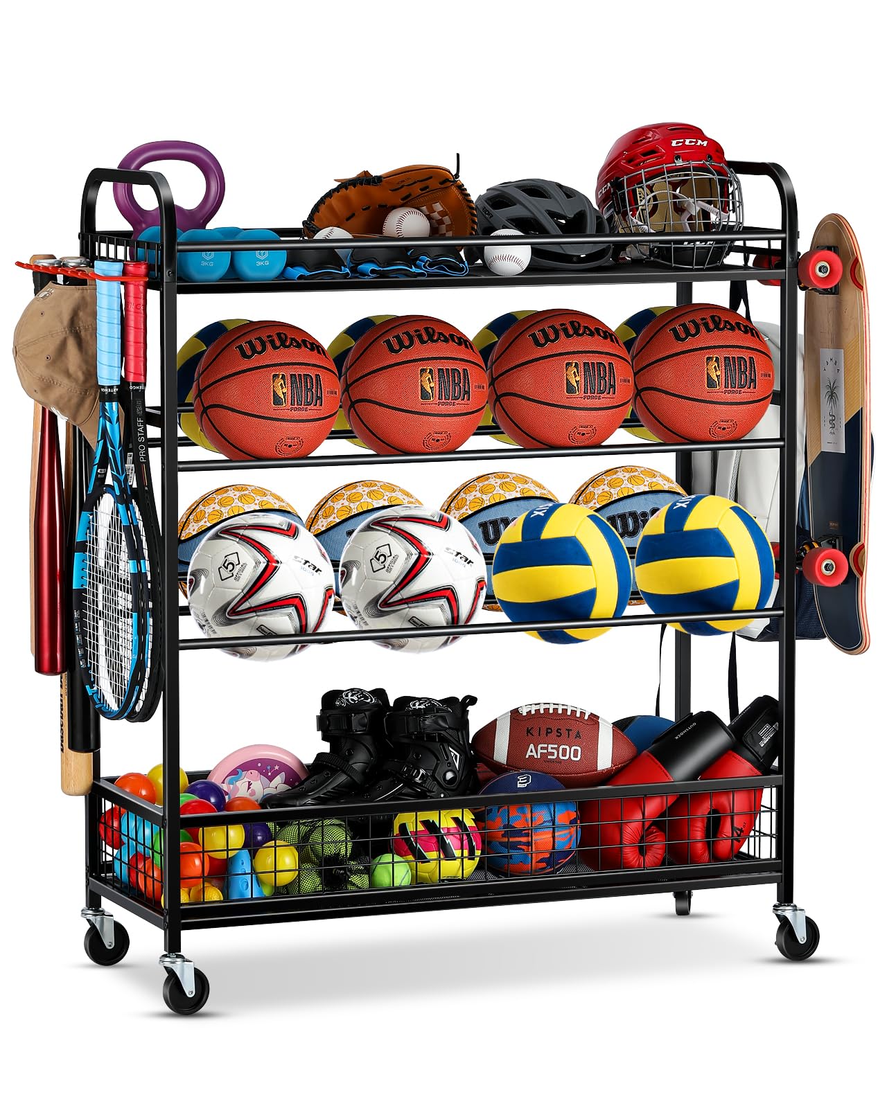 EXTCCT Rolling Sports Equipment Organizer - 4-Tier Ball Storage Cart With Wheels & Hooks