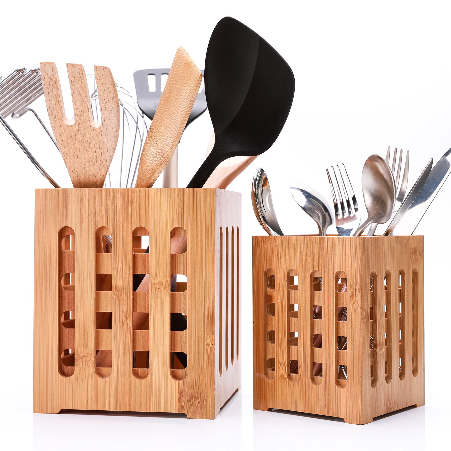 Well Weng Large Bamboo Utensil Holder 2 Pack Utensil Crocks Flatware