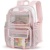 Clear School Backpack for Girls Boys, Heavy Duty PVC See Through Transparent Bookbag for Kids Women Men (Light Pink)