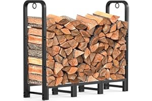 AMAGABELI GARDEN & HOME 4ft Firewood Rack Outdoor Log Rack Holder Fireplace Heavy Duty Wood Stacker Patio Deck Metal Kindling Logs Storage Stand Steel Tubular Wood Pile Racks Outside Accessories Black without Cover
