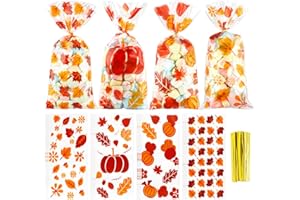 BOEIAC Fall Thanksgiving Treat Bags,100Pcs Thanksgiving Fall Cellophane Treat Bags, Plastic Falls Autumn Maple Leaf Pumpkin Candy Cookies Goodie Gift Bags with Twist Ties for Thanksgivings Falls Party Favors