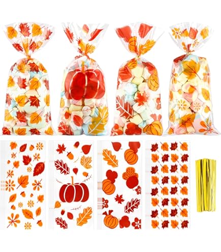 50 Thanksgiving Cellophane Treat Bags - Autumn Maple Leaf Design With Twist Ties