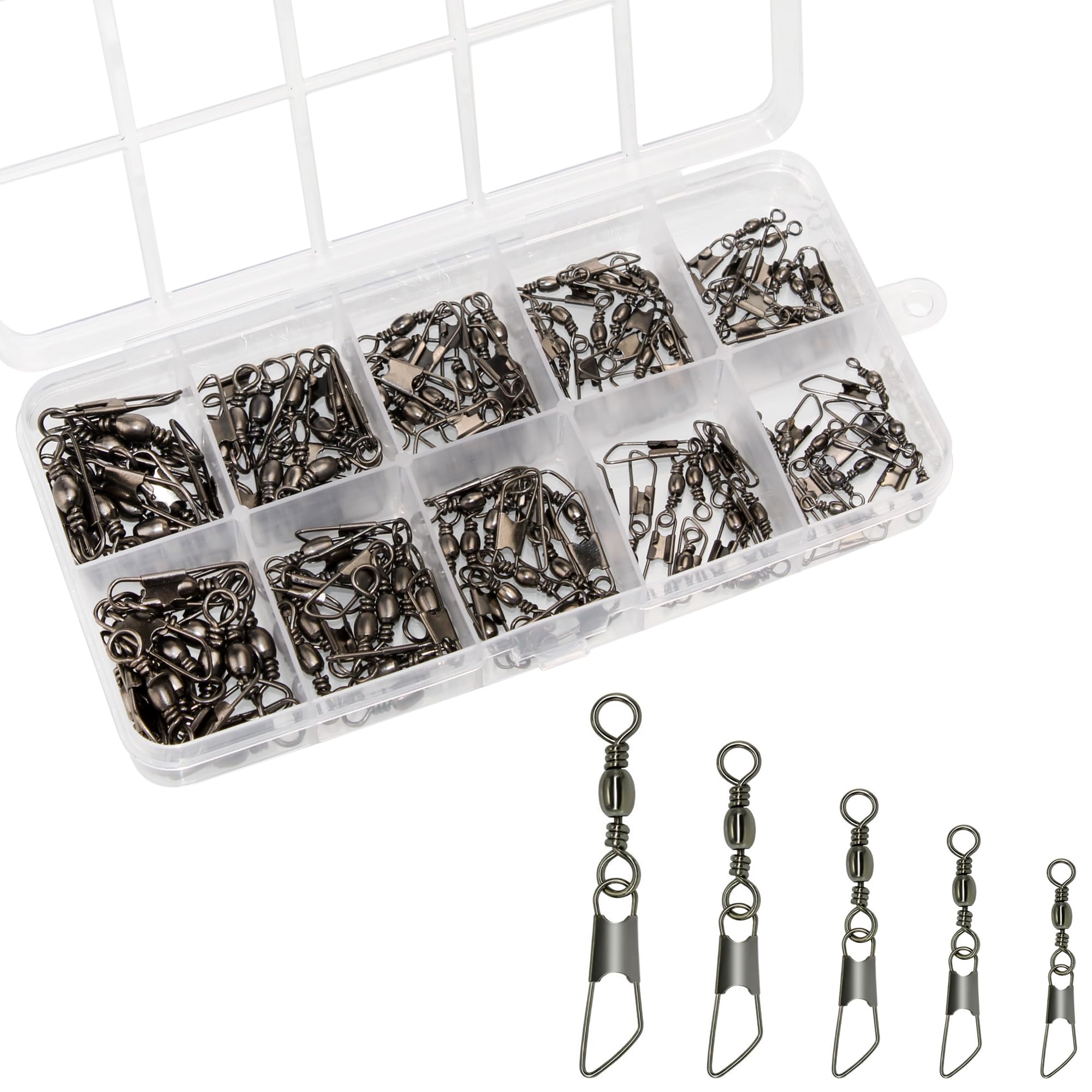 OKVGO Fishing Barrel Swivel with Interlock Safety Snap, Copper Alloy Solid Ball Bearing Swivels Snaps Connector for Quick Connect Lures Fishing Tackle Box Kit Size 6# 8# 10# 12# 14# Style A (300)