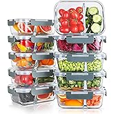 KOMUEE 10 Packs 30oz Glass Meal Prep Containers 2 Compartments,Glass Food Storage Containers with Lids,Airtight Lunch Bento Boxes,Microwave,Oven,Freezer and Dishwasher Safe