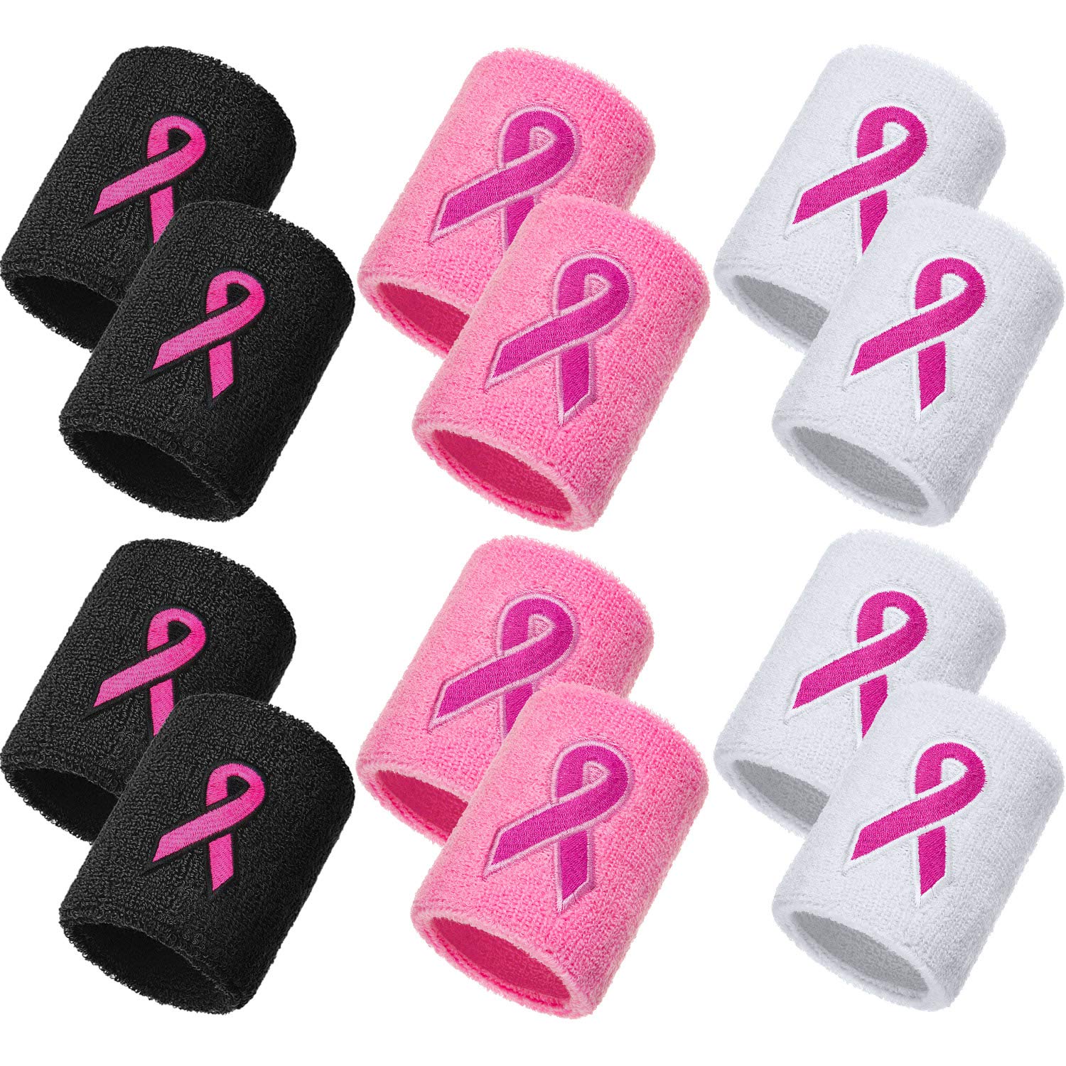 Bememo 12 Pack Breast Cancer Awareness Wristbands Bulk Pink Ribbon Sweatbands for Boys Men and Women, Basketball Baseball Running and Supporting breast Cancer Awareness Month (Pink, White, Black)
