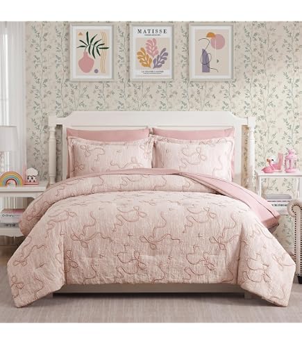 Pink Bowknot 7 Piece Twin Comforter Set - Coquette Aesthetic Bedding For Girls With Butterfly & Geometric Print