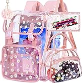 FTJCF 3PCS Pink Clear Backpack, Heavy Duty Transparent Bookbag for Girls Women, Stadium Approved See Through Backpack with Lunch Box (Pink Daisy)